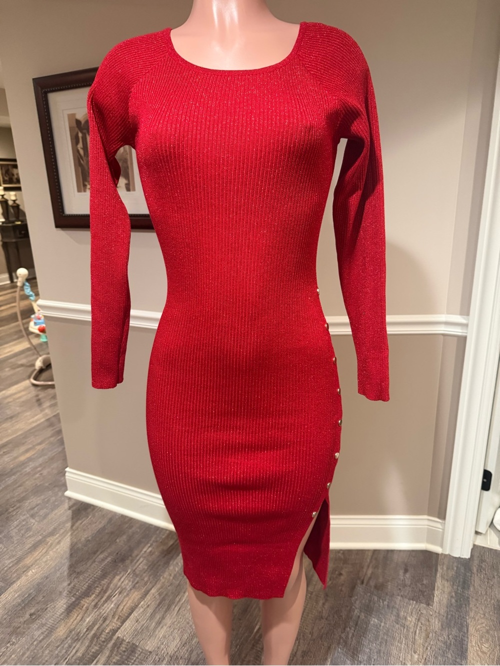 Say What? Red Ribbed Long-Sleeve Midi Dress with Side Button Slit